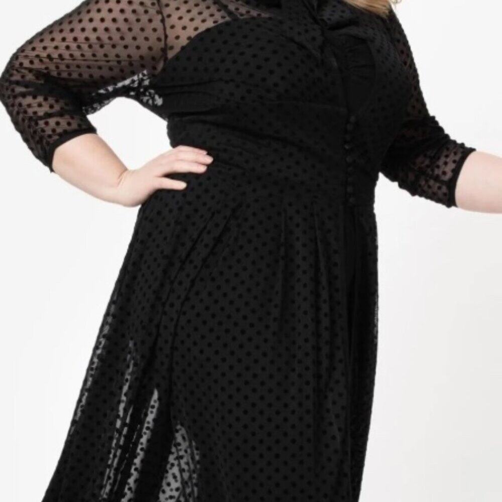 Sheer Dotted Longline Black Jacket Coat with Bow Neck - Picture 8 of 8